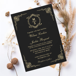 Elegant Monogram Klassisk Svart och Guld Design Inbjudningar
