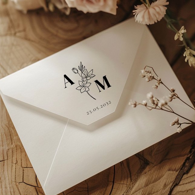 Elegant, Monogram, konturkonst blomma, Bröllop Stämpel (Elegant, Monogram, Line Art Flower, Wedding Rubber Stamp)