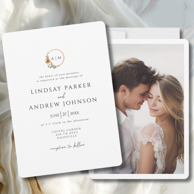 Elegant Monogram Koppar Jordnära Botanisk Foto Inbjudningar (Elegant Monogram Copper Earthy Botanical Photo Invitation)