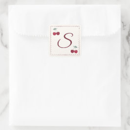 Elegant monogram körsbärsmotiv scalloped fyrkant fyrkantigt klistermärke
