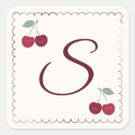 Elegant monogram körsbärsmotiv scalloped fyrkant fyrkantigt klistermärke