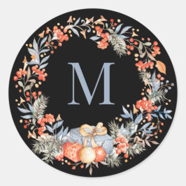 Elegant Monogram Krans Dammig Blå Modern Runt Klistermärke