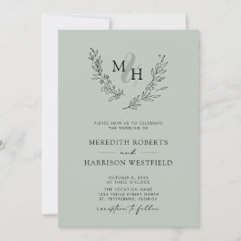 Elegant Monogram Krans Salvia Bröllop Inbjudningar