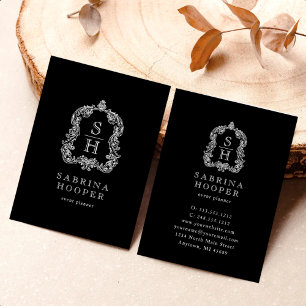 Elegant Monogram-krön Event Planner Svart Vitt Visitkort