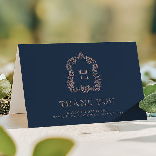 Elegant Monogram-krön Navyblå Rosa Examen Tack Kort