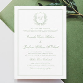 Elegant Monogram-krön Sagegrön Bröllops- Inbjudningar