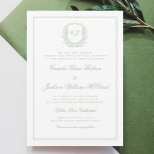Elegant Monogram-krön Sagegrön Bröllops- Inbjudningar