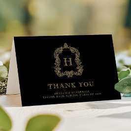 Elegant Monogram-krön Svart Guld Examen Tack Kort