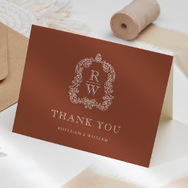 Elegant Monogram-krönande terrakotta bröllop Tack Kort