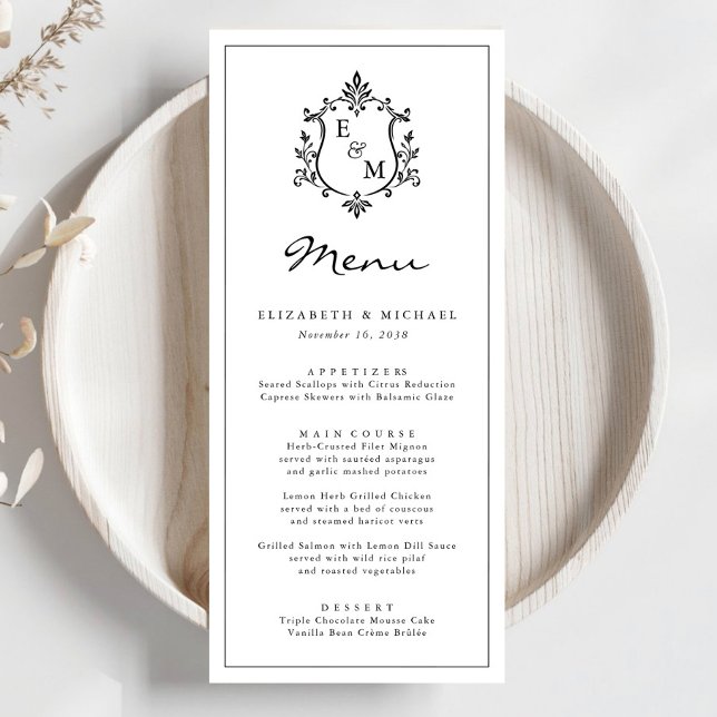 Elegant Monogram-kröningsbröllopsmeny Program (Elegant Monogram Crest Wedding Menu)