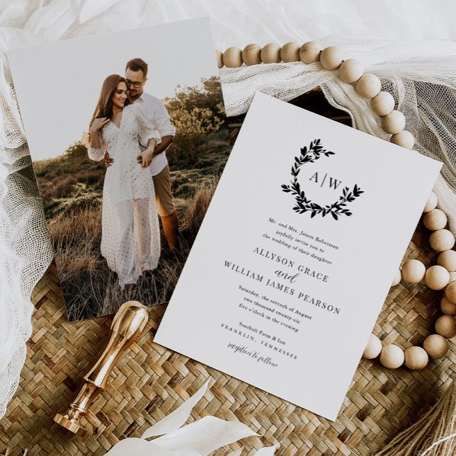 Elegant Monogram-kröningsfotografi Botanisk Bröllo Inbjudningar (Skapare uppladdad)