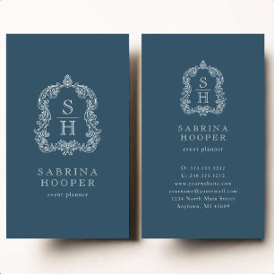 Elegant Monogram-kröningshändelseplanerare Indigo Visitkort