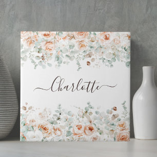 Elegant monogram lantlig ros blomstergrönska kakelplatta
