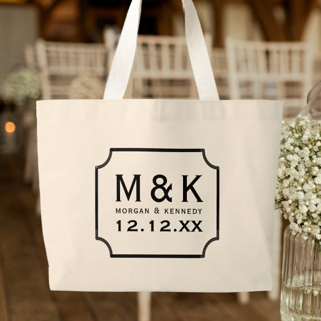 Elegant Monogram Large Bröllop Tote Bag Jumbo Tygkasse (A classic Monogrammed Wedding Tote Bag with space for your initials and wedding date)