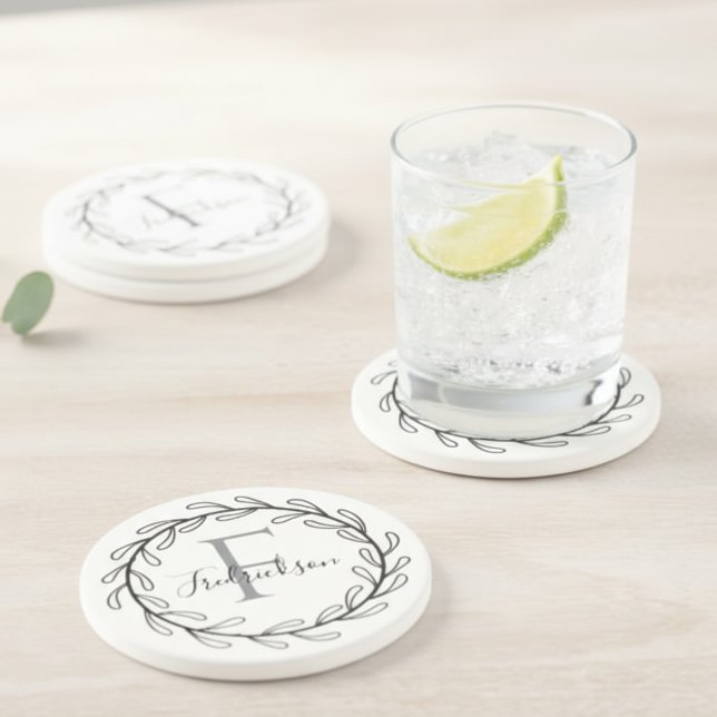 Elegant Monogram Laurel Leaf Home Decor Underlägg (Realtor Closing Gift Wreath Monogram Coasters)