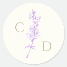 Elegant Monogram Lavendel Larkspur Blommig Runt Klistermärke