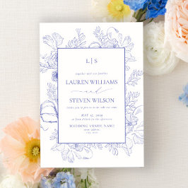 Elegant Monogram Lavender Blommigt Line Art Bröllo Inbjudningar
