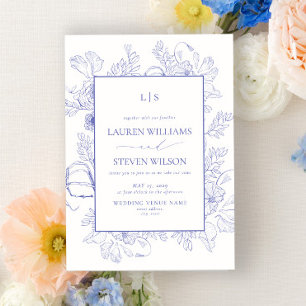 Elegant Monogram Lavender Blommigt Line Art Bröllo Inbjudningar