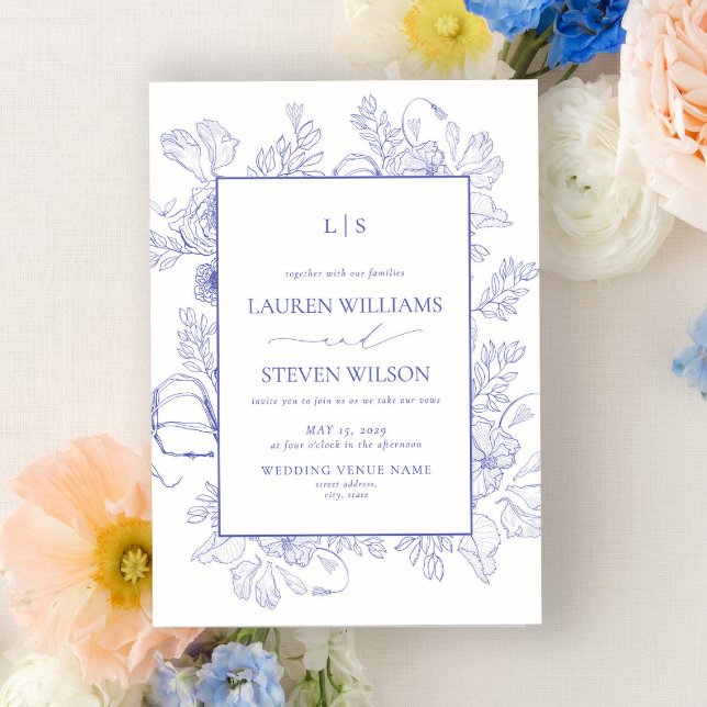 Elegant Monogram Lavender Blommigt Line Art Bröllo Inbjudningar (Skapare uppladdad)
