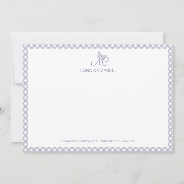 Elegant Monogram Lavender Gingham Note Card Anteckningskort (Framsida)