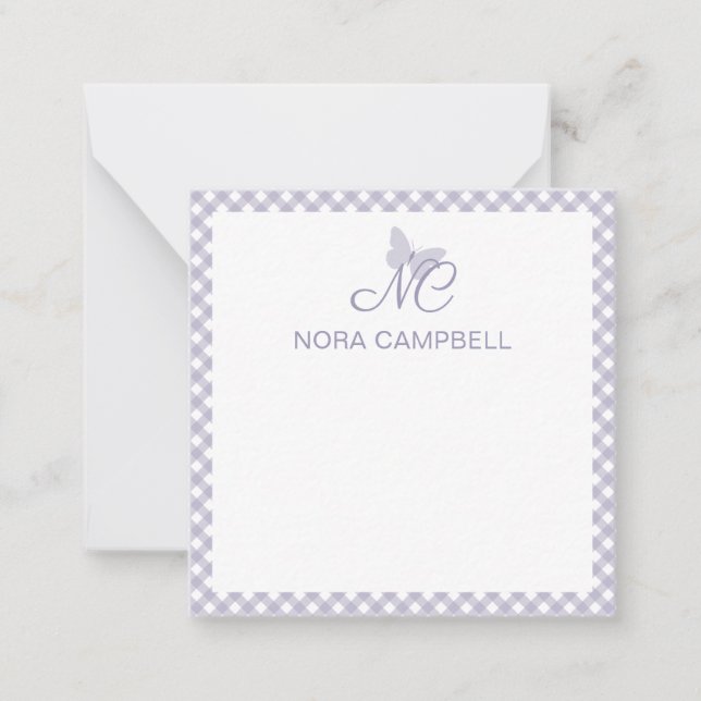 Elegant Monogram Lavender Gingham Personlig Anteckningskort (Framsida)