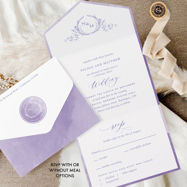 Elegant Monogram Lavender Lilac Watercolor Bröllop (Skapare uppladdad)