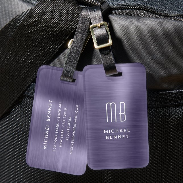 Elegant Monogram Lila Borstat Metall  Bagagebricka (Elegant Monogram Purple Brushed Metal Luggage Tag)