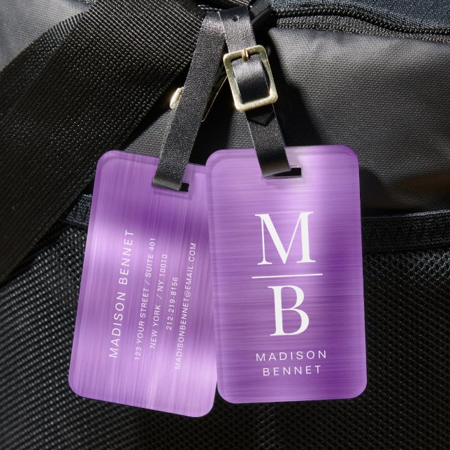 Elegant Monogram Lila Borstat Metallisk Bagagebricka (Elegant Monogram Purple Brushed Metallic Luggage Tag)