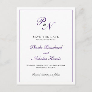 Elegant Monogram Lila Bröllop spara datum Meddelande Vykort