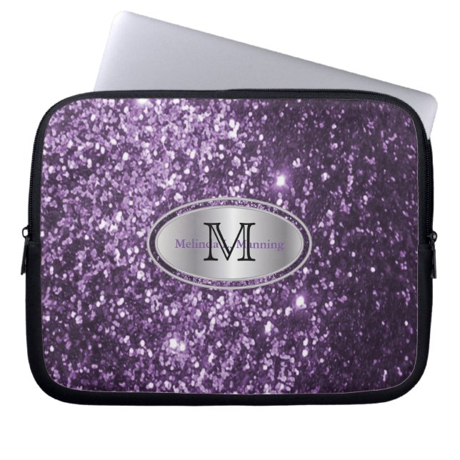 Elegant Monogram Lila Glitter och Silver Laptop Fodral (Framsidan)
