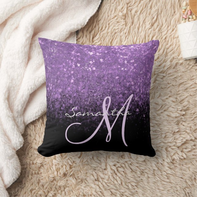 Elegant monogram lila glitter & svart  kudde (Filt)