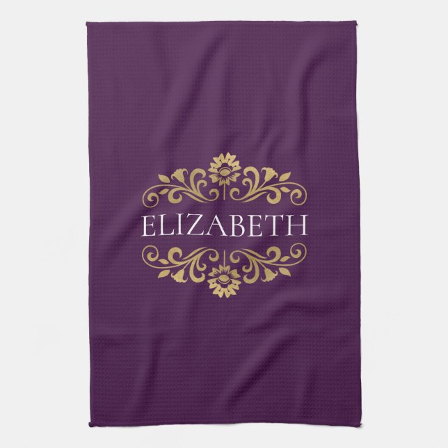 Elegant Monogram Lila Guld Kitchen Towel Kökshandduk (Vertikal)