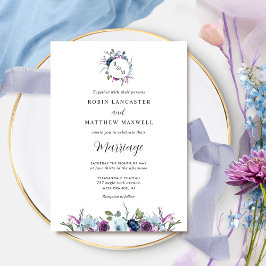 Elegant Monogram Lila och Blå Bröllop Inbjudningar