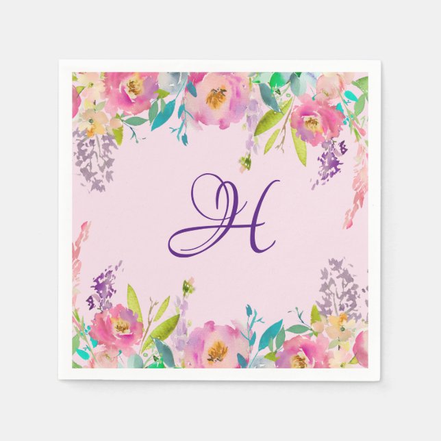 Elegant Monogram Lila Rosa Vår Blommigt Pappersservett (Framsidan)