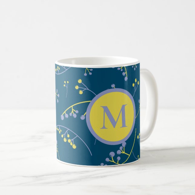 Elegant monogram lilax gult bär mönster kaffemugg (Framsida höger)