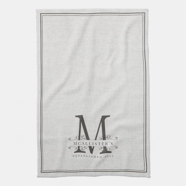 Elegant Monogram Linen-familjeetablering år Kökshandduk (Vertikal)