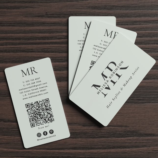 Elegant Monogram Ljusgrön Sociala Medier & QR-kod Visitkort (Skapare uppladdad)