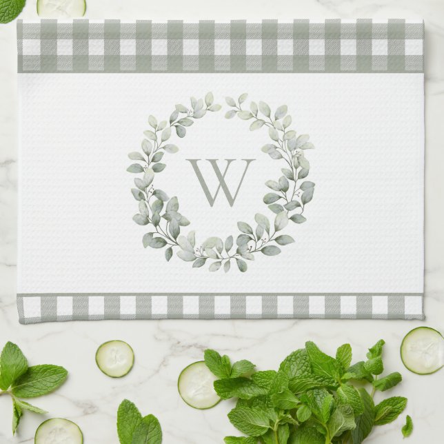 Elegant monogram ljusgrön vit rutig kökshandduk (Vikta)