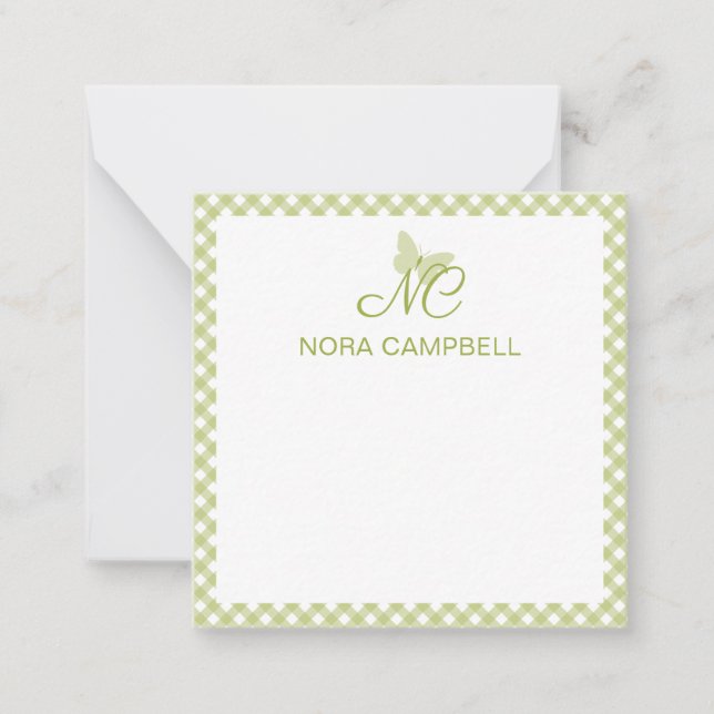 Elegant Monogram Ljust grönt Gingham-Personlig Anteckningskort (Framsida)