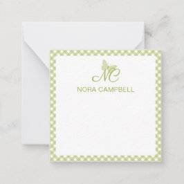 Elegant Monogram Ljust grönt Gingham-Personlig Anteckningskort