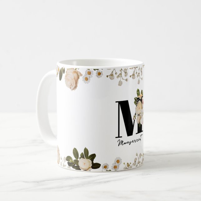 Elegant Monogram M-Blommigt Initial Mugg (Framsida vänster)