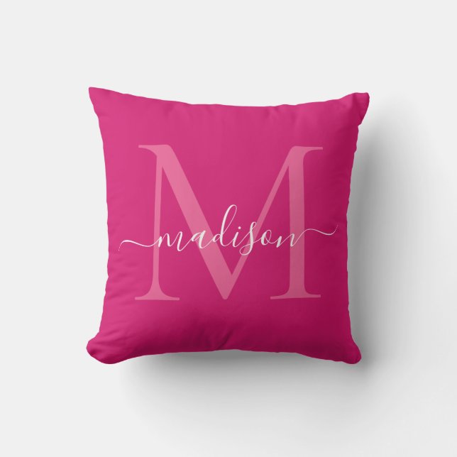 Elegant Monogram Magenta Rosa Snyggt Girly-skript Kudde (Framsida)