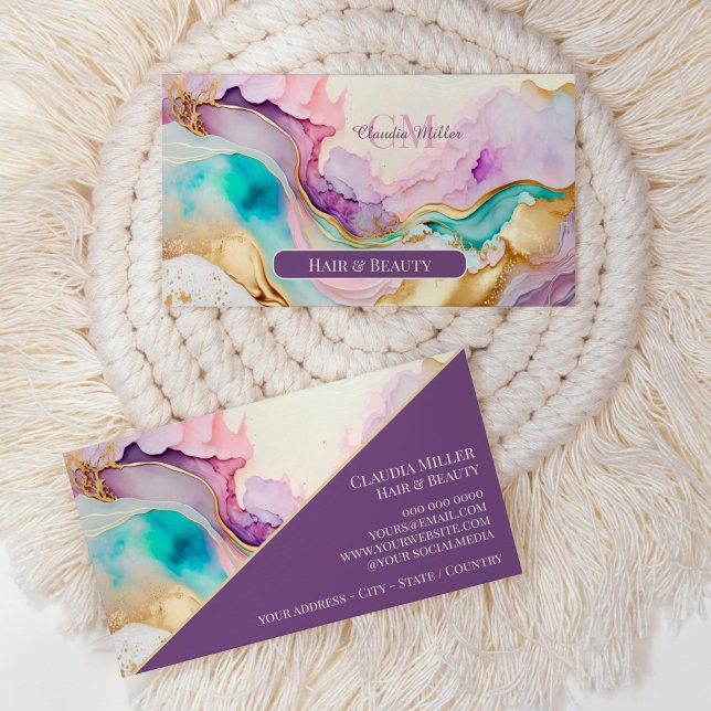 Elegant Monogram Marble Liquid Bläck Visitkort (feminine agate sparkle elegant business card)