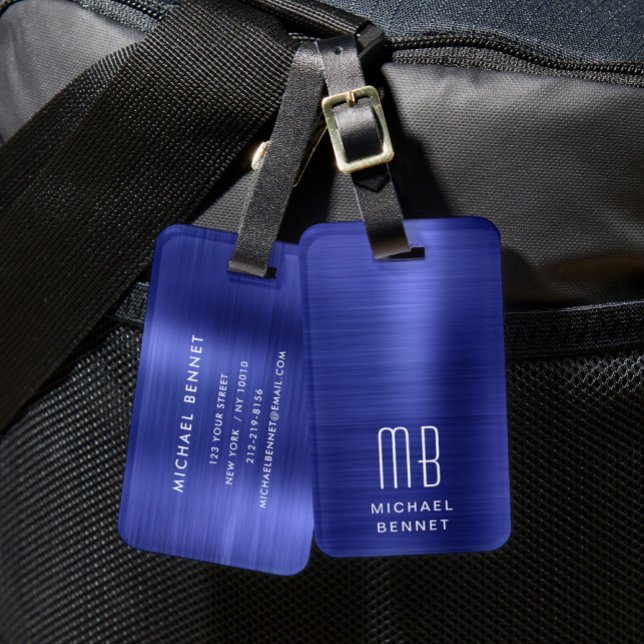 Elegant Monogram marin blå Bagagebricka (Elegant Monogram Navy Blue Luggage Tag)