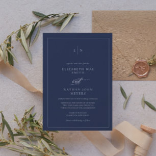 Elegant Monogram marin blå formeln Bröllop Inbjudningar