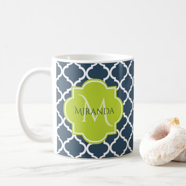 Elegant Monogram marin Grönt Quatrefoil och Namn Kaffemugg (Med munk)