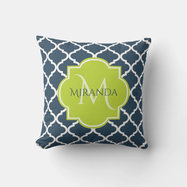 Elegant Monogram marin Grönt Quatrefoil och Namn Kudde (Framsida)