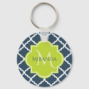 Elegant Monogram marin Grönt Quatrefoil och Namn Nyckelring