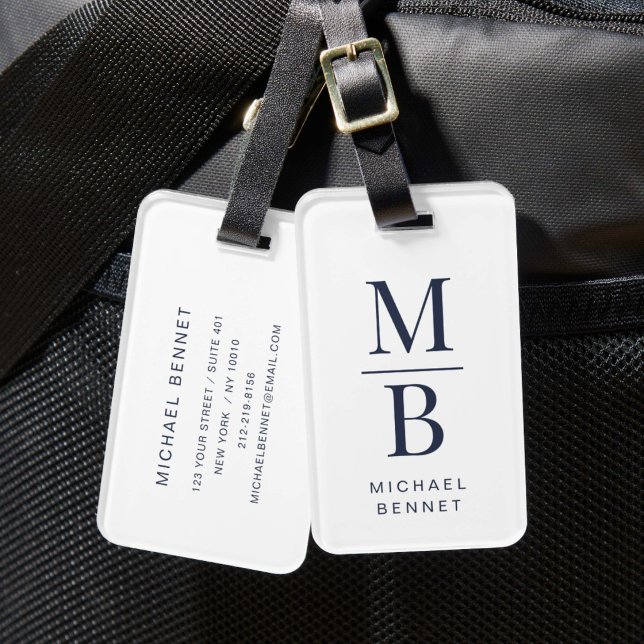 Elegant Monogram Marinblå Bagagebricka (Elegant Monogram Navy Blue Luggage Tag)