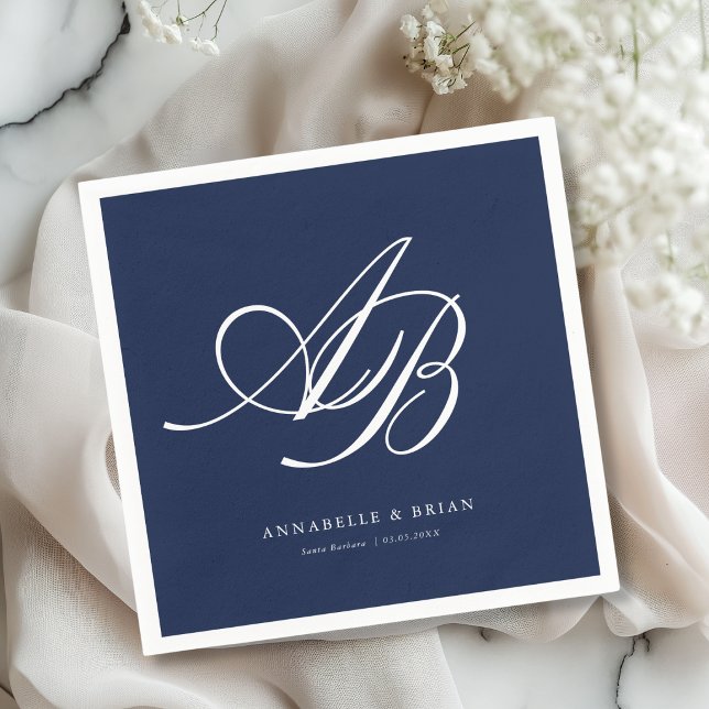 Elegant Monogram Marinblå Bröllop  Pappersservett (Elegant Monogram Navy Blue Wedding Napkins)
